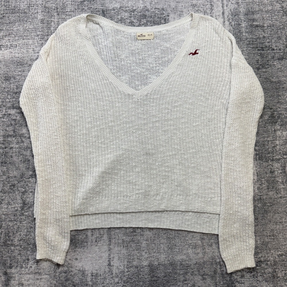 Hollister Sweater Womens XS/S Off White Open Knit Slouchy Oversized V-Neck Beach